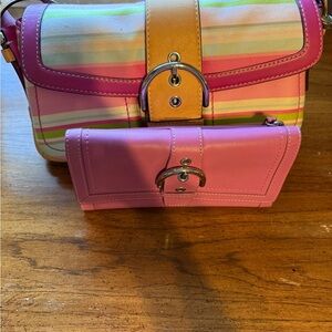 Coach Pink Stripe Shoulder Bag with Pink Wallet - Women Bags